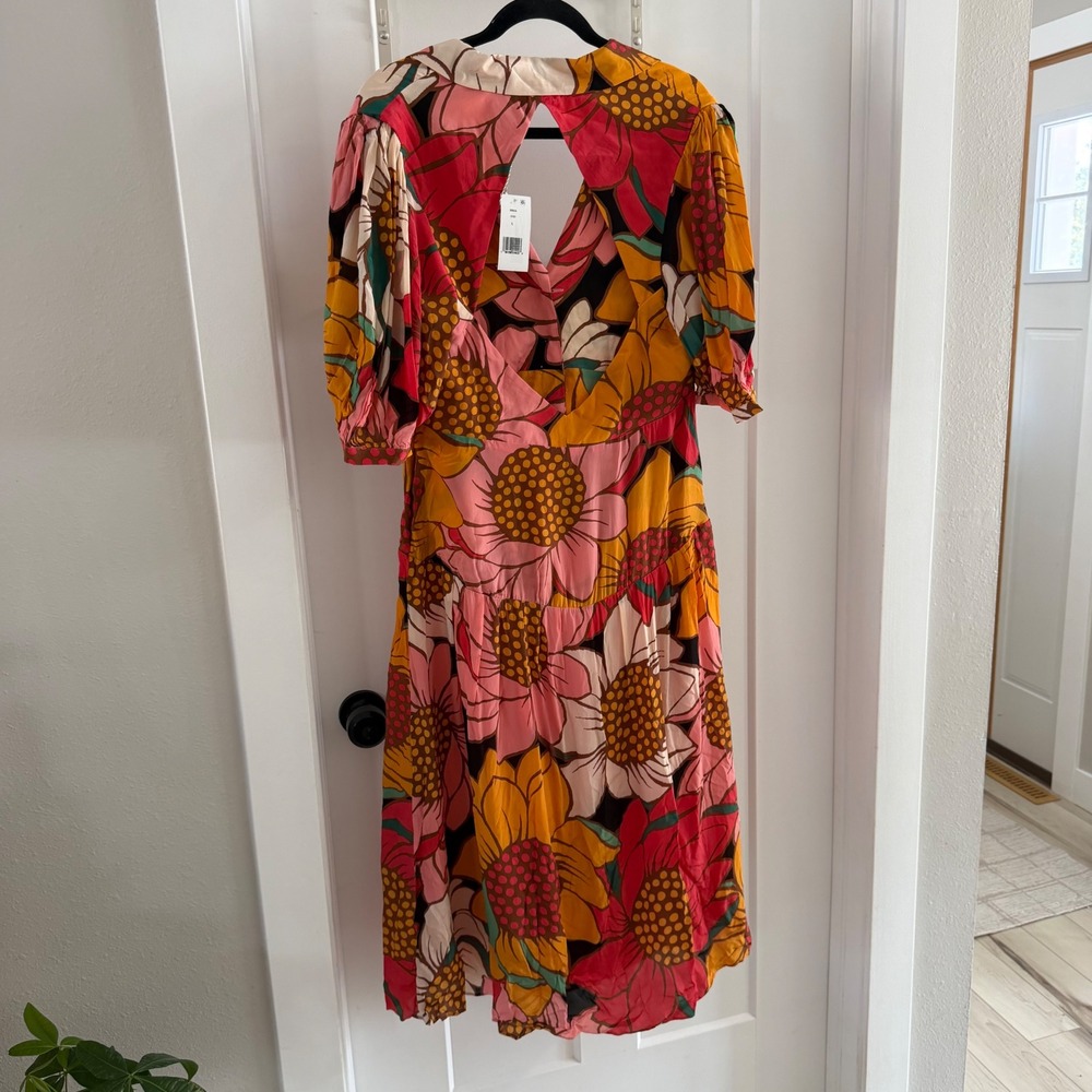 Farm Rio Colorful Sunflowers Midi Dress Pink Orange Floral Puff Sleeve L NWT - Picture 4 of 9